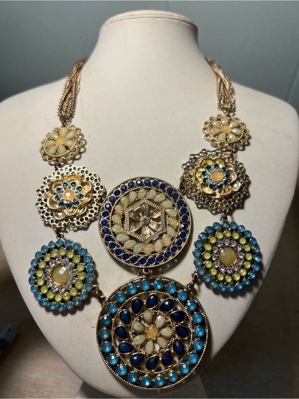 Gold-Tone Multi-Color Floral Statement Necklace - Blue, Teal & Yellow
